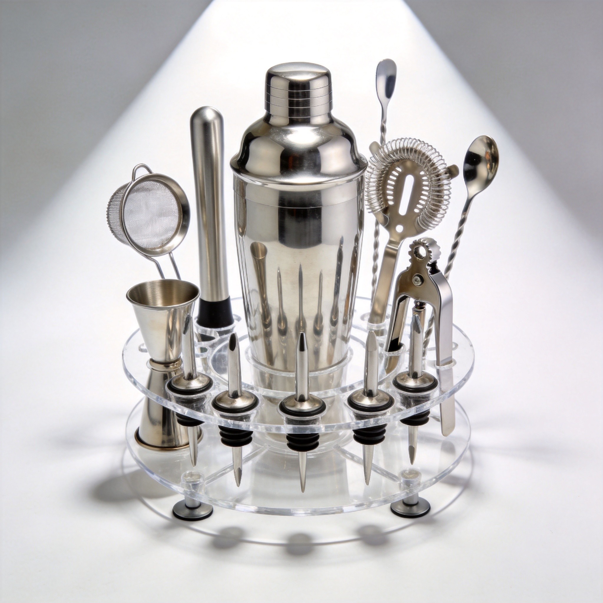 15-Piece Stainless Steel Bartender Tools Kit with Cocktail Shaker Set Rotating Acrylic Stand