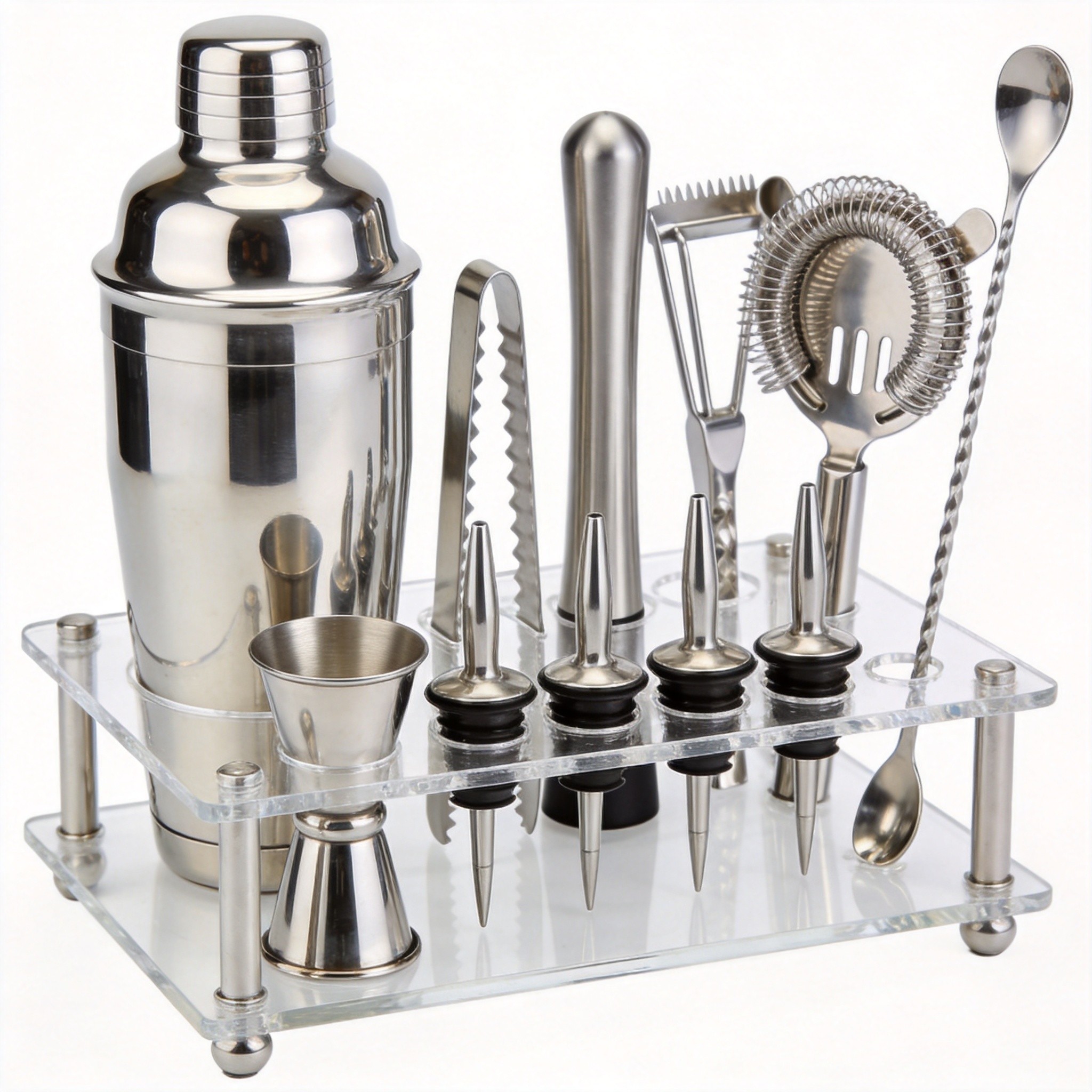 Factory Direct 14pcs European Style Eco-Friendly Stainless Steel Bartender Cocktail Shaker Set with Acrylic Stand