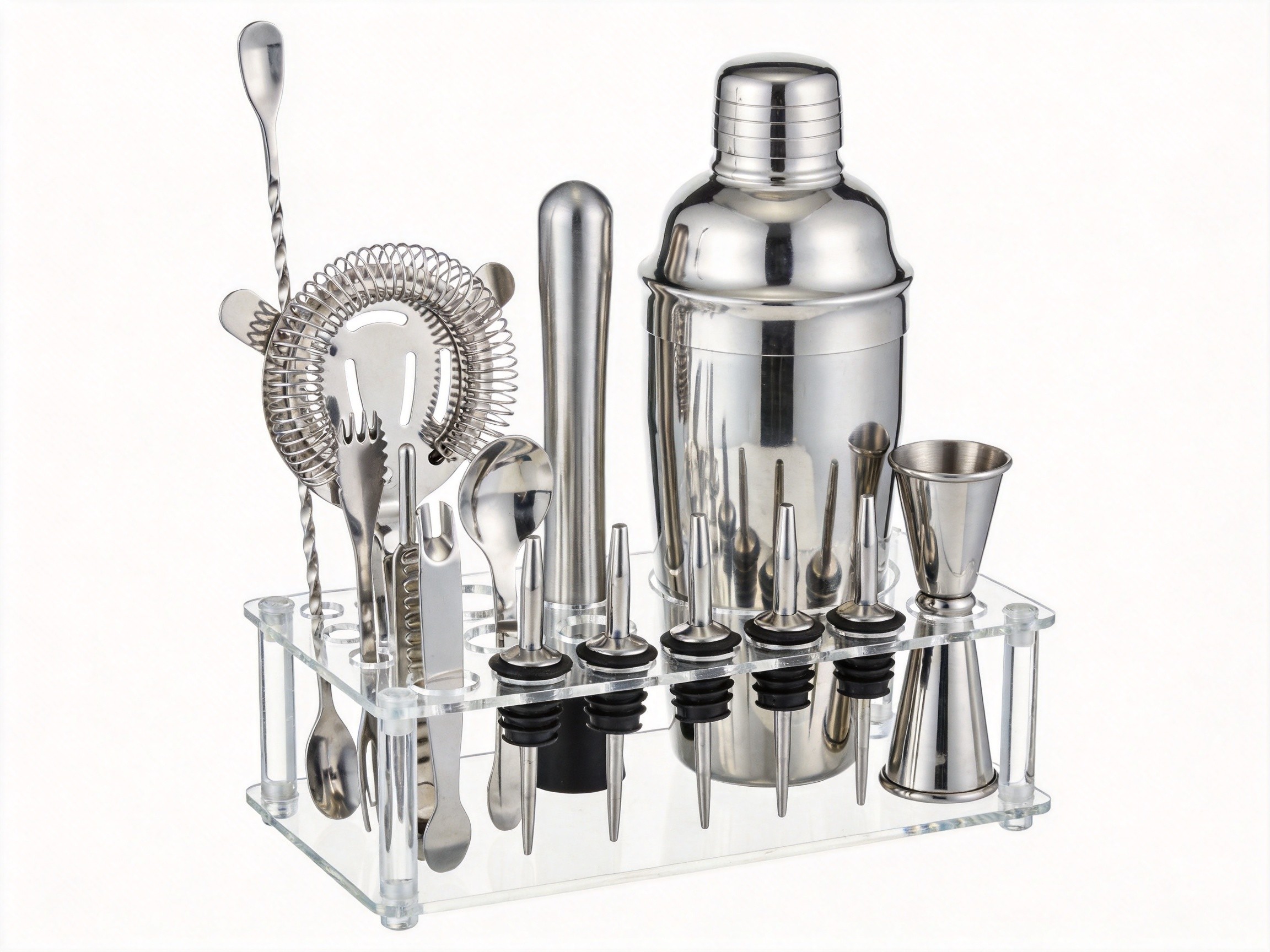 Custom Logo 30 Pcs Bar Tools Set Stainless Steel Bartender Kit Cocktail Shaker Set With Acrylic Stand