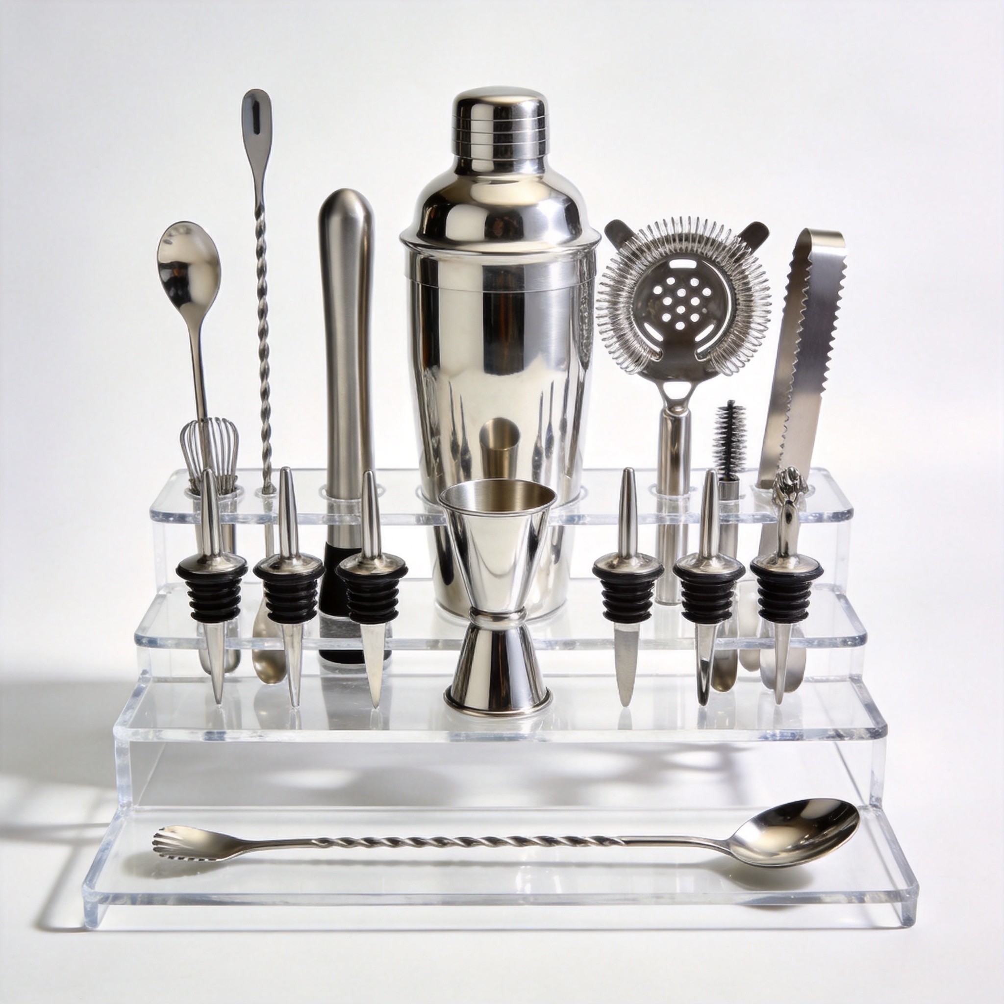 2025 New Arrivals Stainless Steel Bar Tools Kit 20-Piece Reusable Cocktail Shaker Set Acrylic Stand