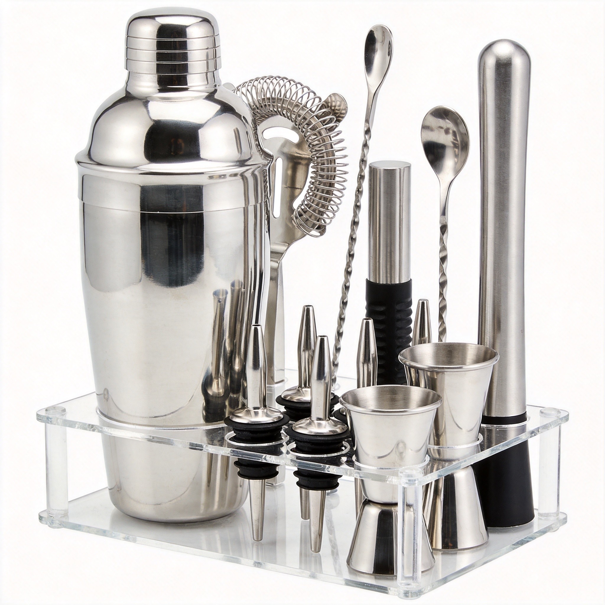 Hot Selling Eco-Friendly Durable Modern Bar Accessories Tools 14-Piece Stainless Steel Cocktail Shaker Set with Acrylic Stand