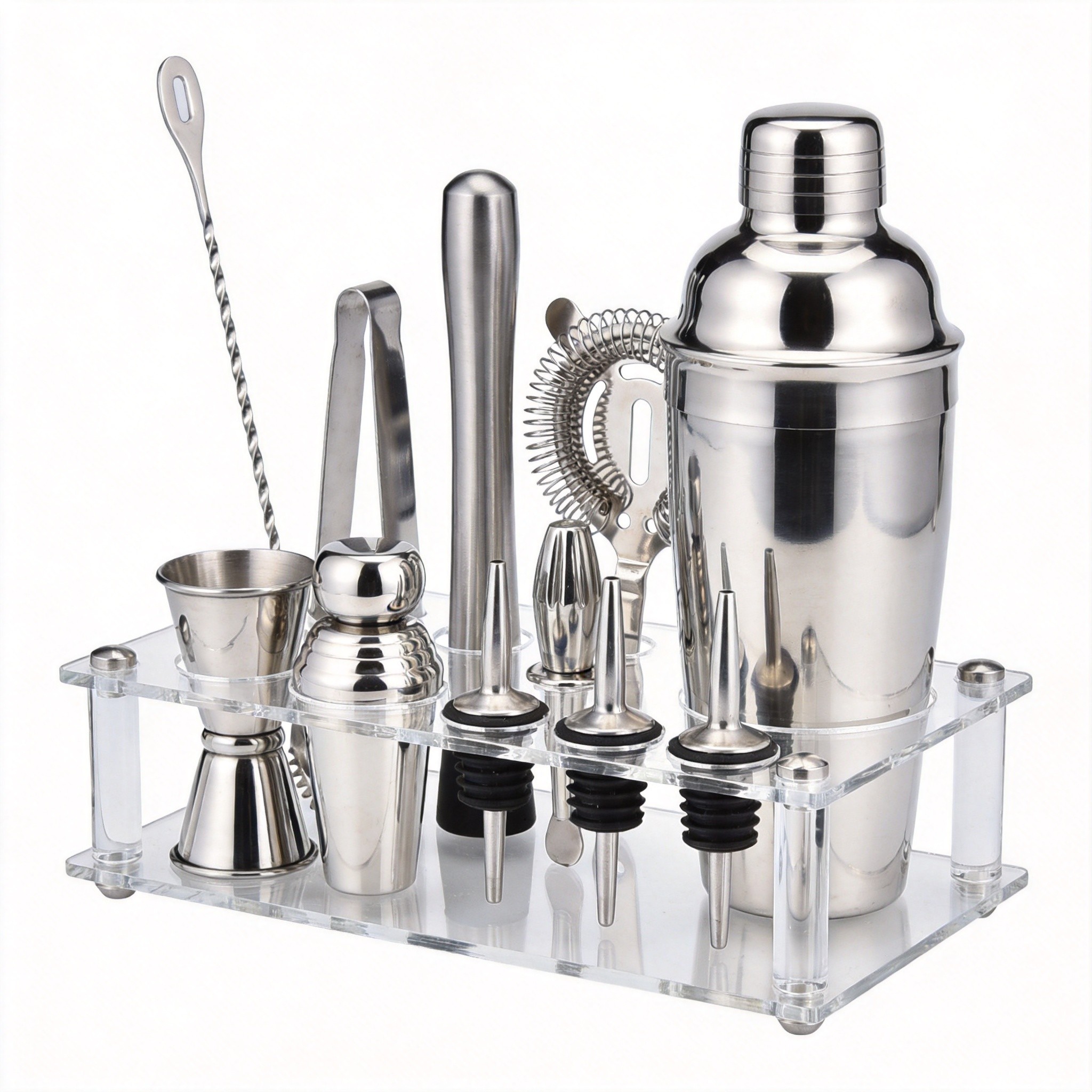 35 Piece Modern Stainless Steel Eco-Friendly Boston Cocktail Shaker Set Bartender Kit Acrylic Stand
