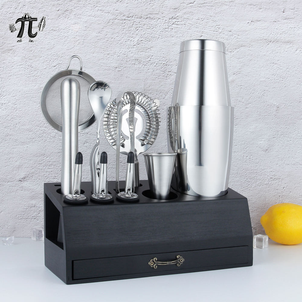 18 Piece Cocktail Shaker Set with Black Wooden Frame