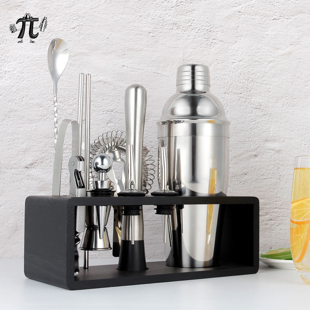 13 Piece Cocktail Shaker Set with Silver Wooden Frame