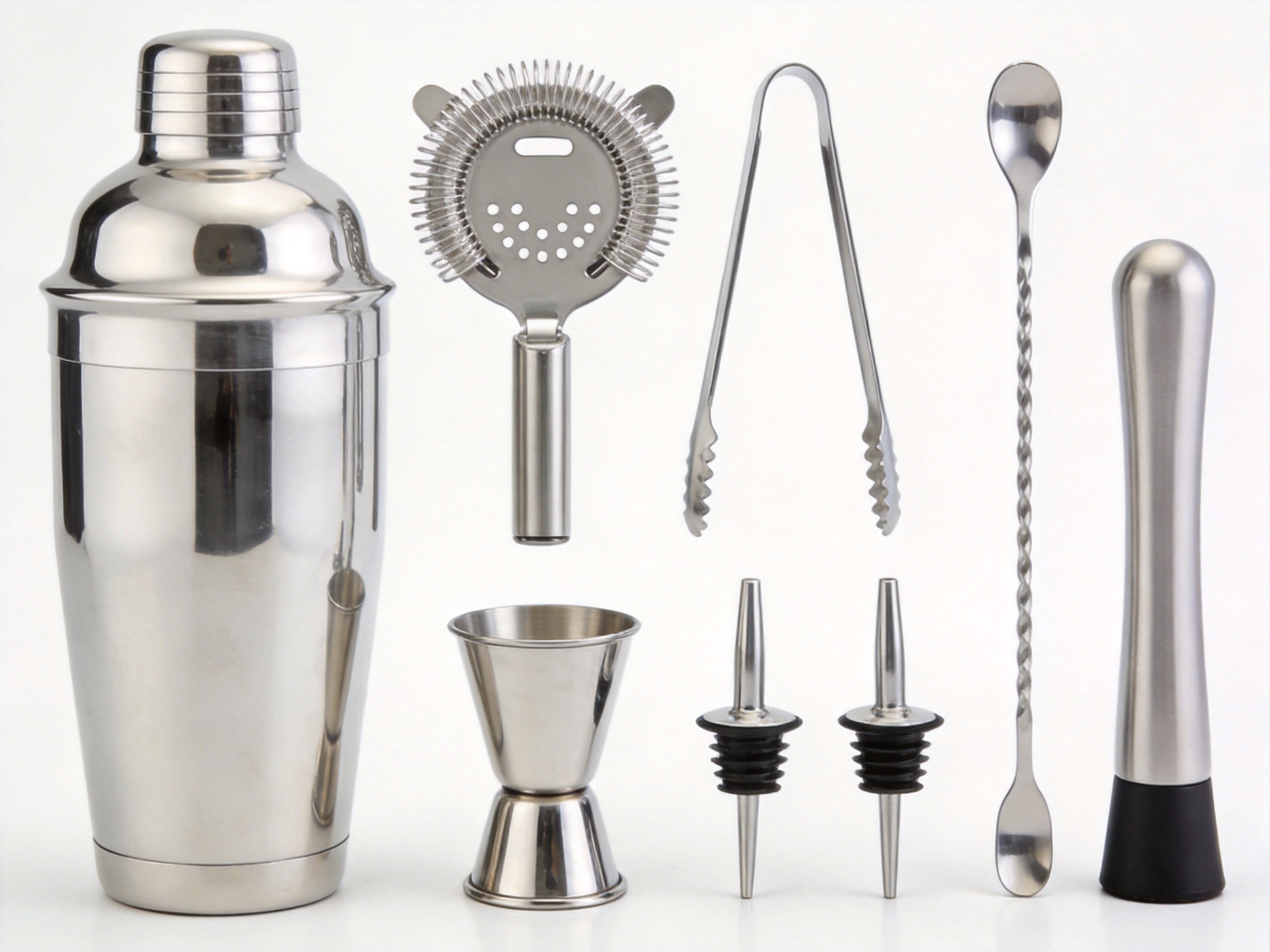 11-Piece Reusable Eco-Friendly Durable Stainless Steel Modern Silver Cocktail Shaker Set