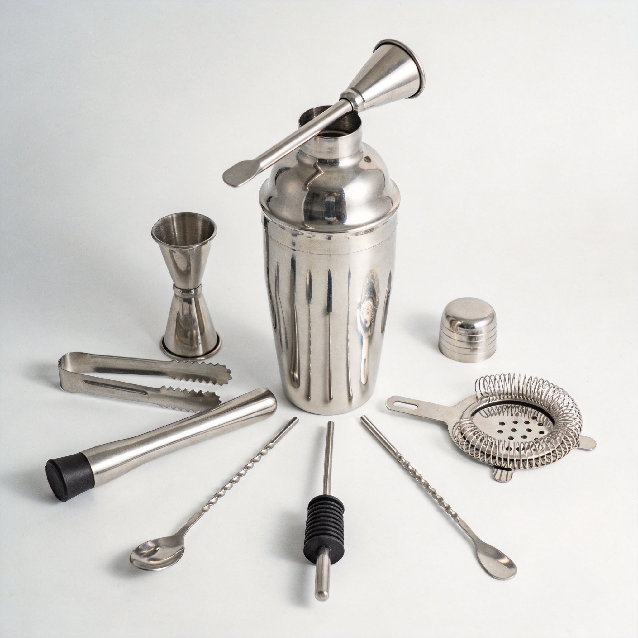 7-Piece Modern Silver Stainless Steel Cocktail Set Shaker Jigger Tools